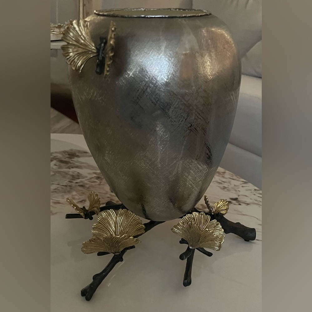 Michael Aram Silver Vase with Gold Leaf Accents Butterfly Ginko
